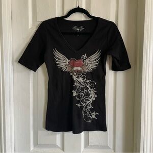 Prairie Rose Y2K Graphic Tee Small Black Winged Heart Rhinestone V-Neck Grunge